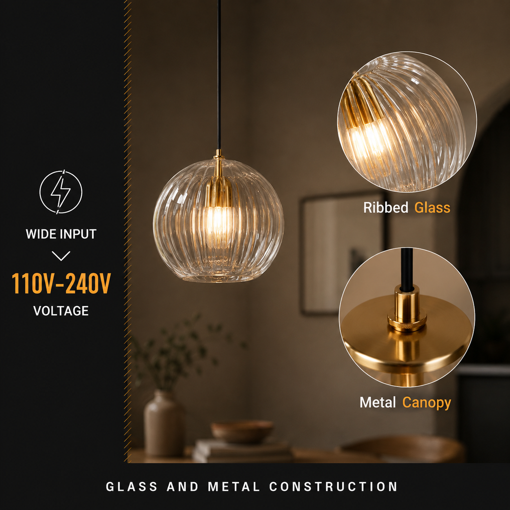 Pendant light infographic showing 110V–240V voltage, ribbed glass, and metal center details.