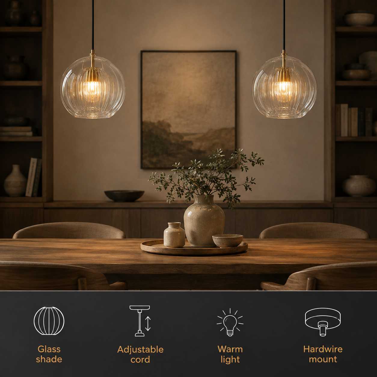 Two pendant light fixtures glowing above a dining table with feature icons along the bottom.