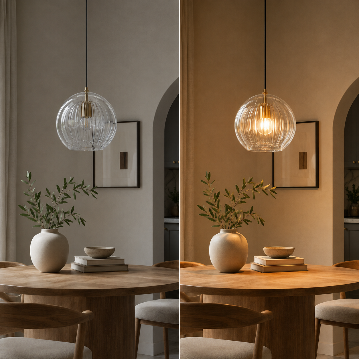 Side-by-side dining scenes show a pendant light turned off and glowing warm when turned on.