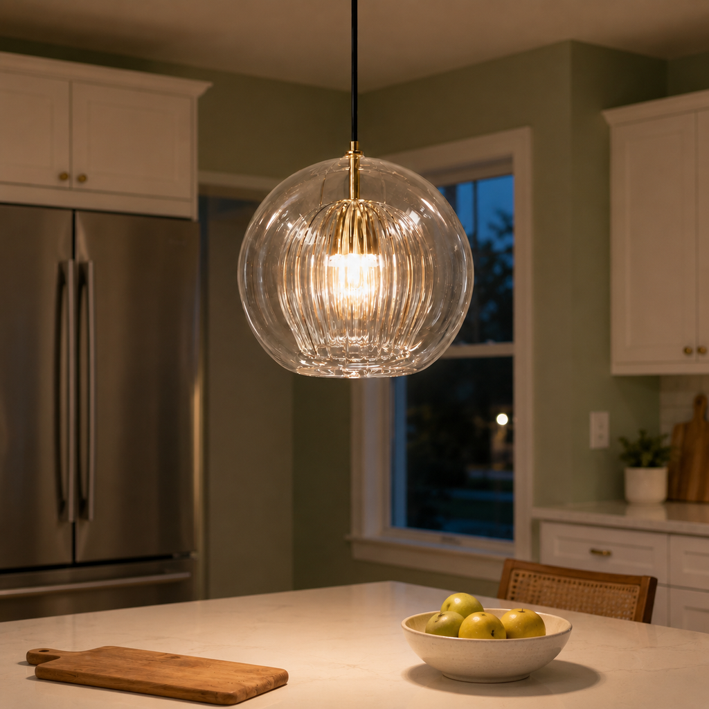 Clear glass pendant light glowing above a kitchen island with fruit and wood accents.