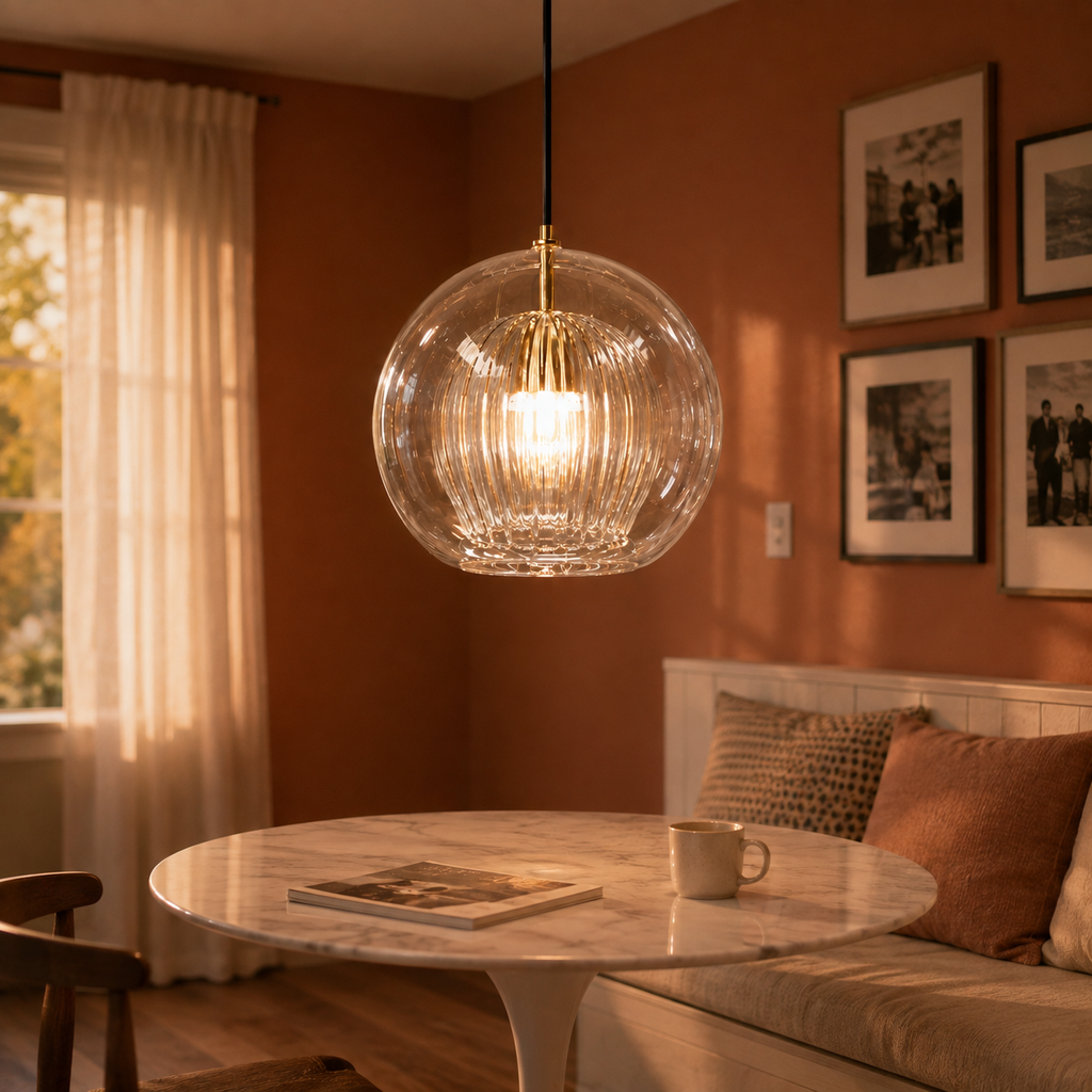 Warm pendant light hanging above a round dining table in a cozy wood-paneled room.