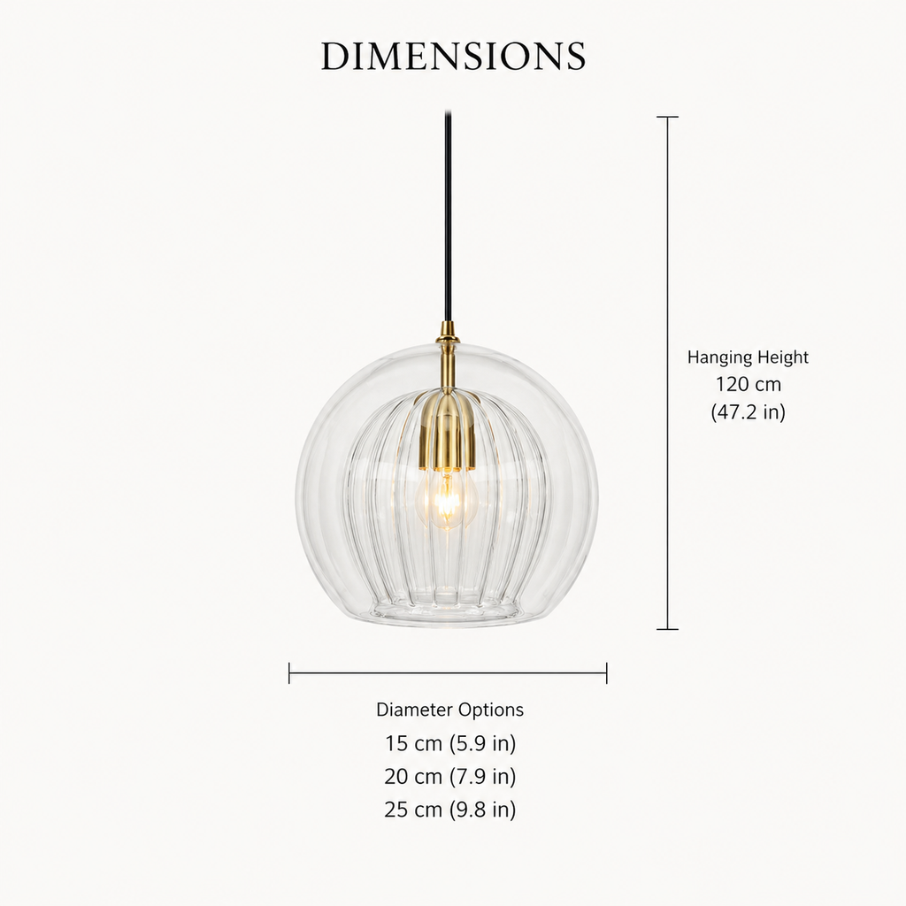 Dimension diagram of a ribbed glass pendant light with height and width measurements.