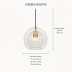 Dimension diagram of a ribbed glass pendant light with height and width measurements.