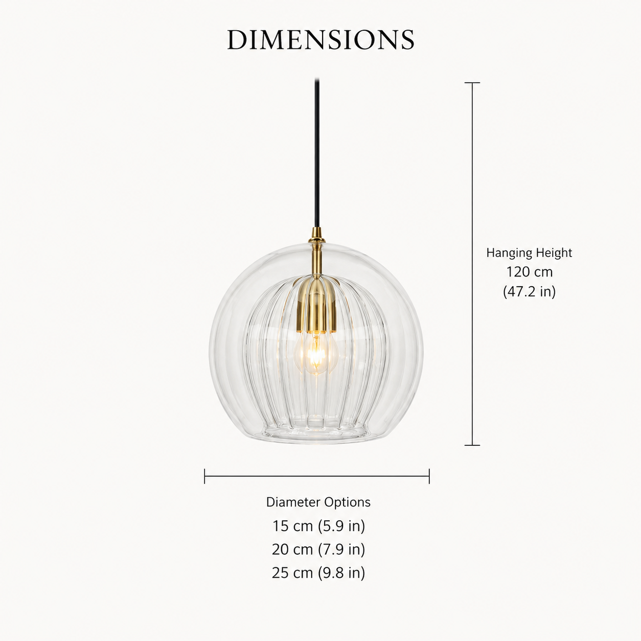 Dimension diagram of a ribbed glass pendant light with height and width measurements.