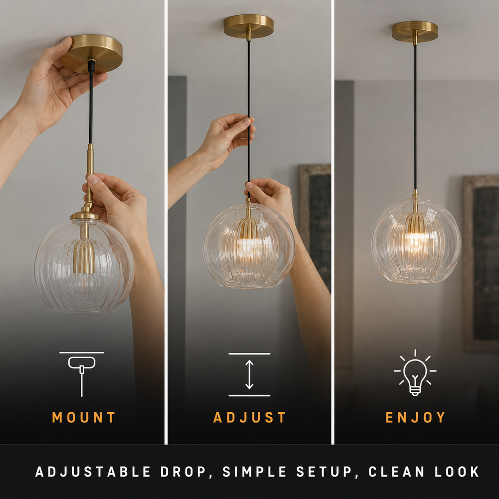 Three-step setup graphic for a pendant light showing ceiling mounting, cord adjustment, and finished placement.