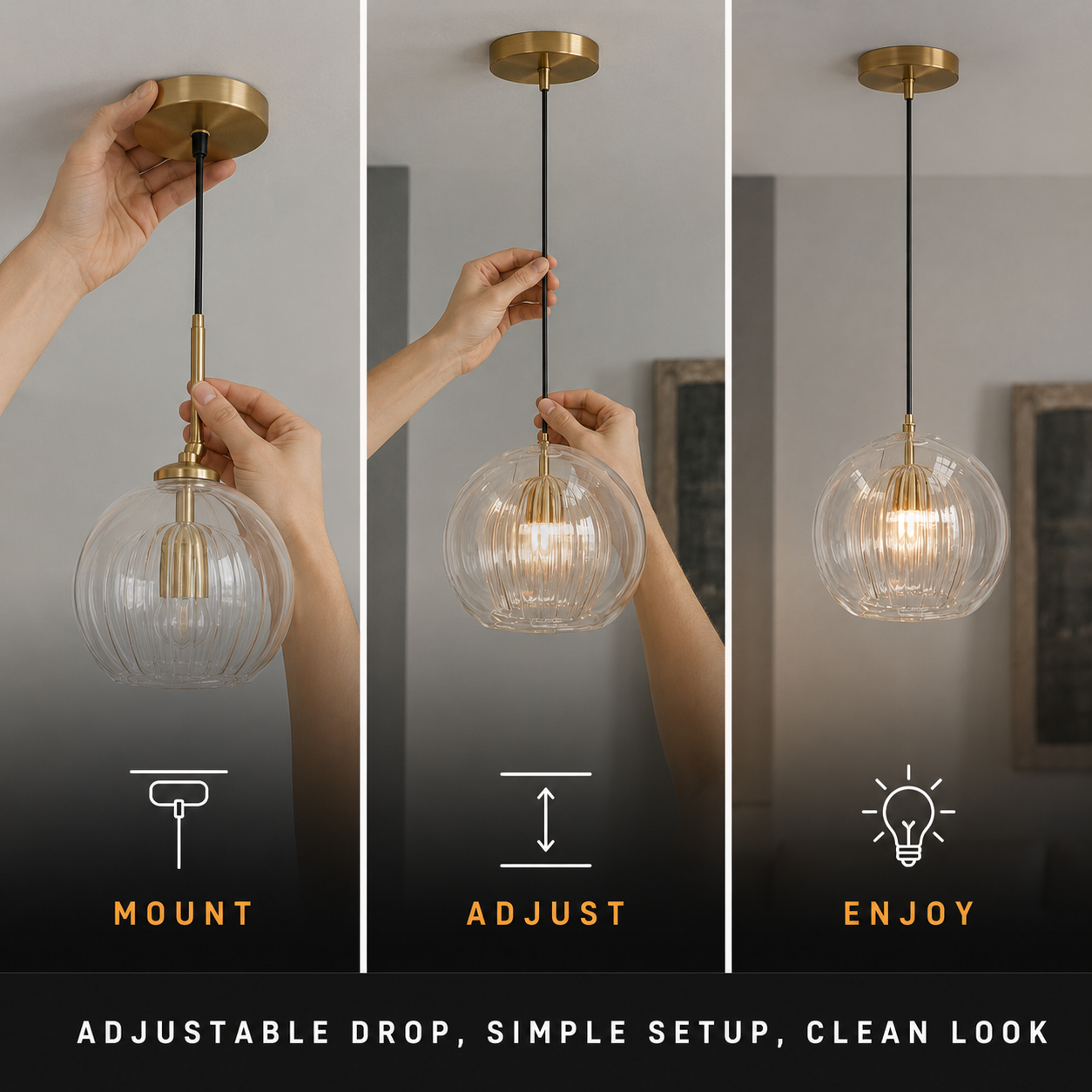 Three-step setup graphic for a pendant light showing ceiling mounting, cord adjustment, and finished placement.