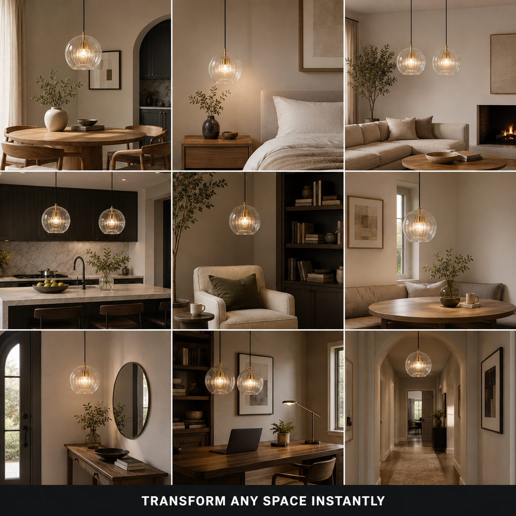 Nine-room grid showing a pendant light installed in kitchens, dining spaces, bedrooms, and entryways.