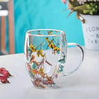 Clear double wall glass mug with colorful flower decoration