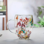 Clear double wall glass mug with colorful flower decoration
