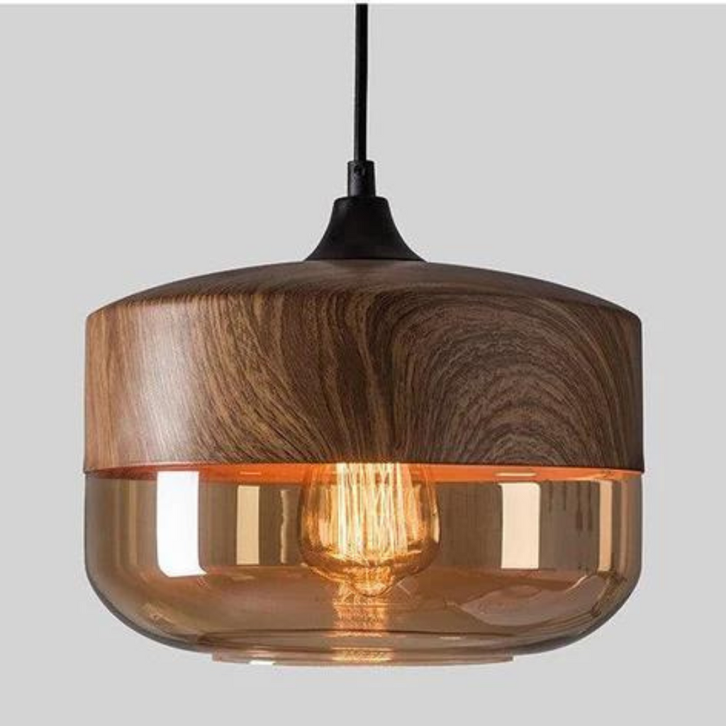 Wide glass pendant light with a wood look upper shade
