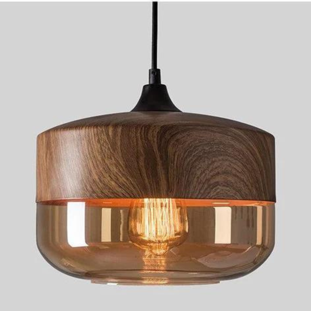 Wide glass pendant light with a wood look upper shade