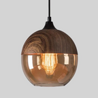 Rounded glass pendant light with a wood look upper shade