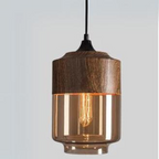 Sculpted cylindrical glass pendant light with a wood look upper shade