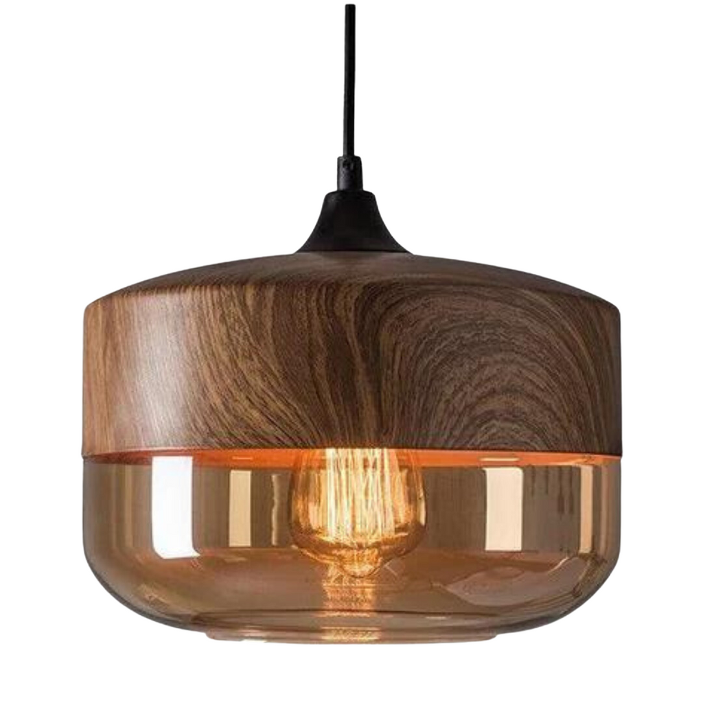 Wide glass pendant light with a shallow wood look metal upper shade