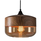 Wide glass pendant light with a shallow wood look metal upper shade