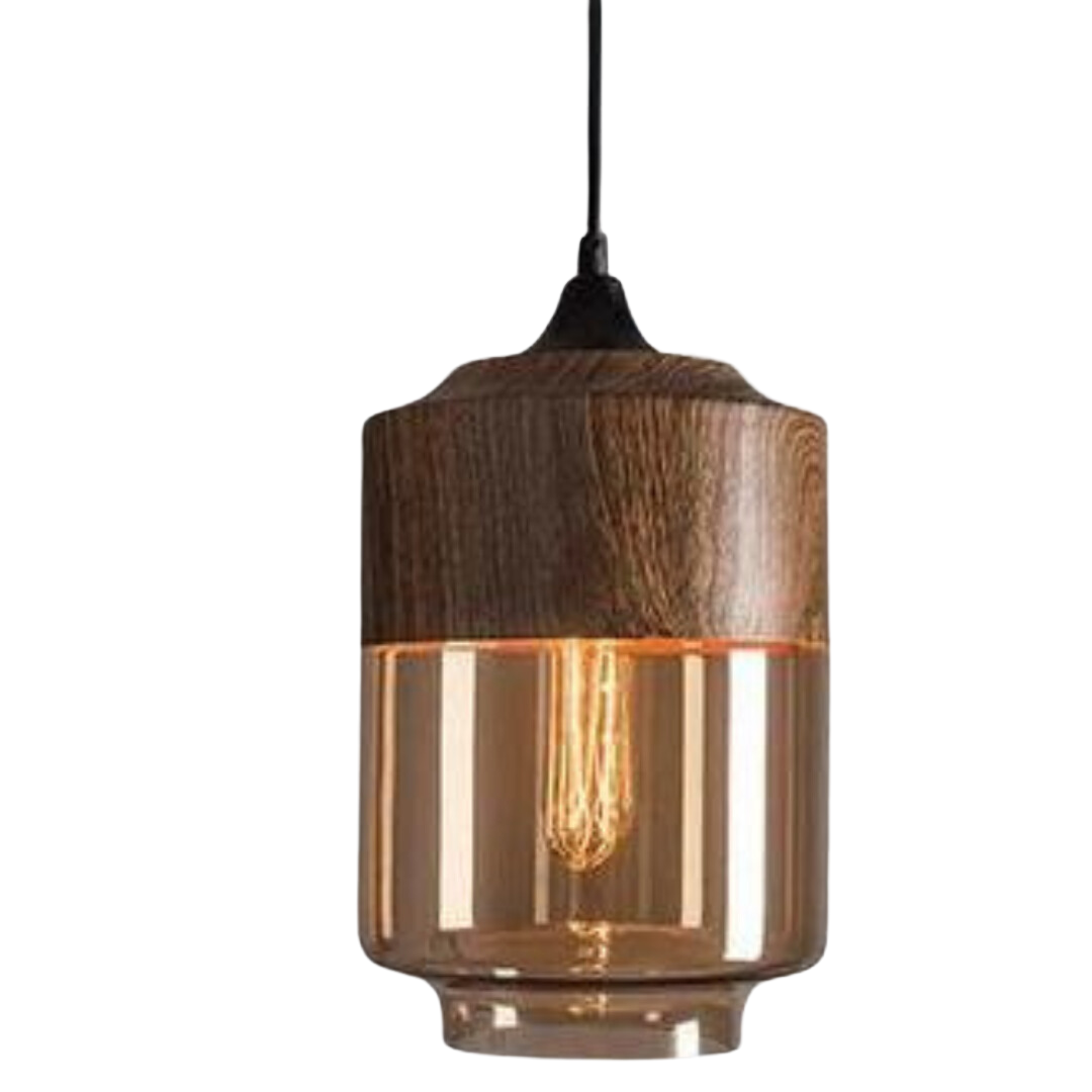 Short cylindrical glass pendant light with wood look metal upper section