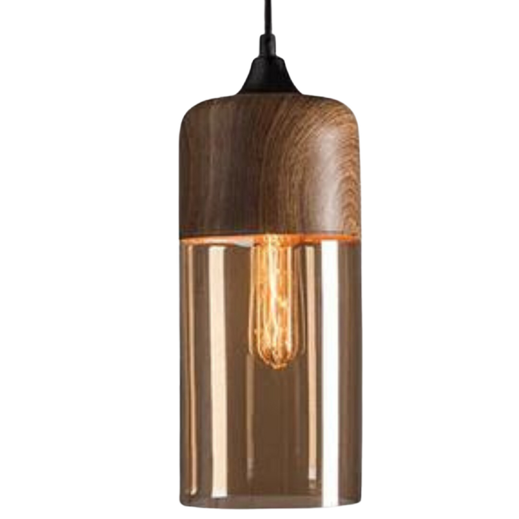 Tall cylindrical glass pendant light with wood look metal upper section