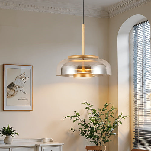 Glass Pendant Light | Rounded Dome Shade With Gold Details, Three Light Color Modes