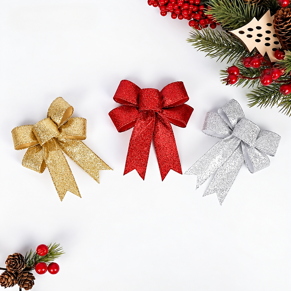 Glitter Christmas Bows — three colors in a festive display