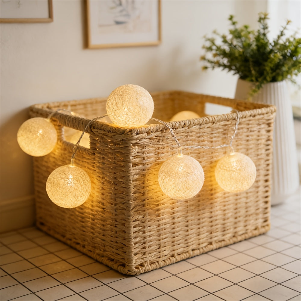 Globe fairy lights arranged over a woven basket on the floor.