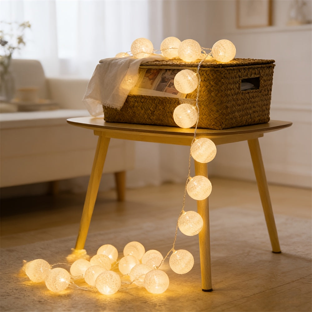 Globe fairy lights flowing from a woven basket on a wooden stool.