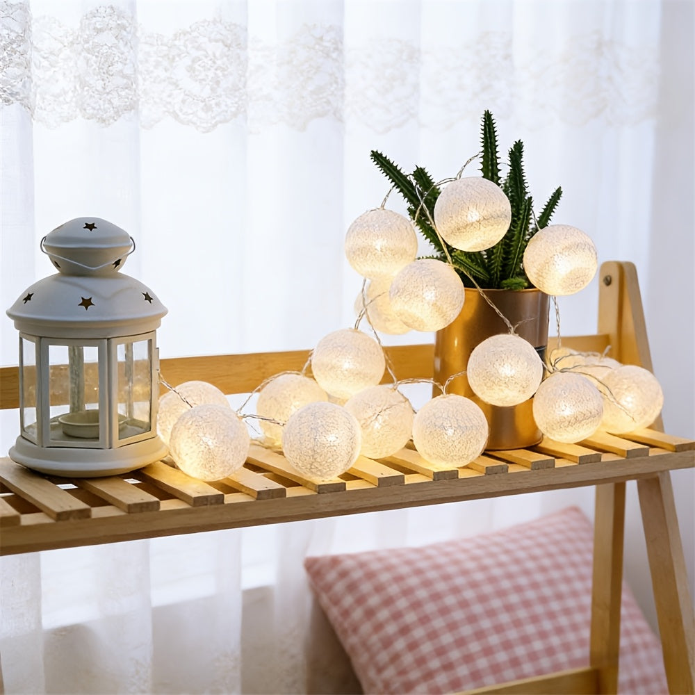 Globe fairy lights displayed on a small wooden shelf beside a window.
