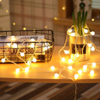 Warm white globe string lights on a tabletop