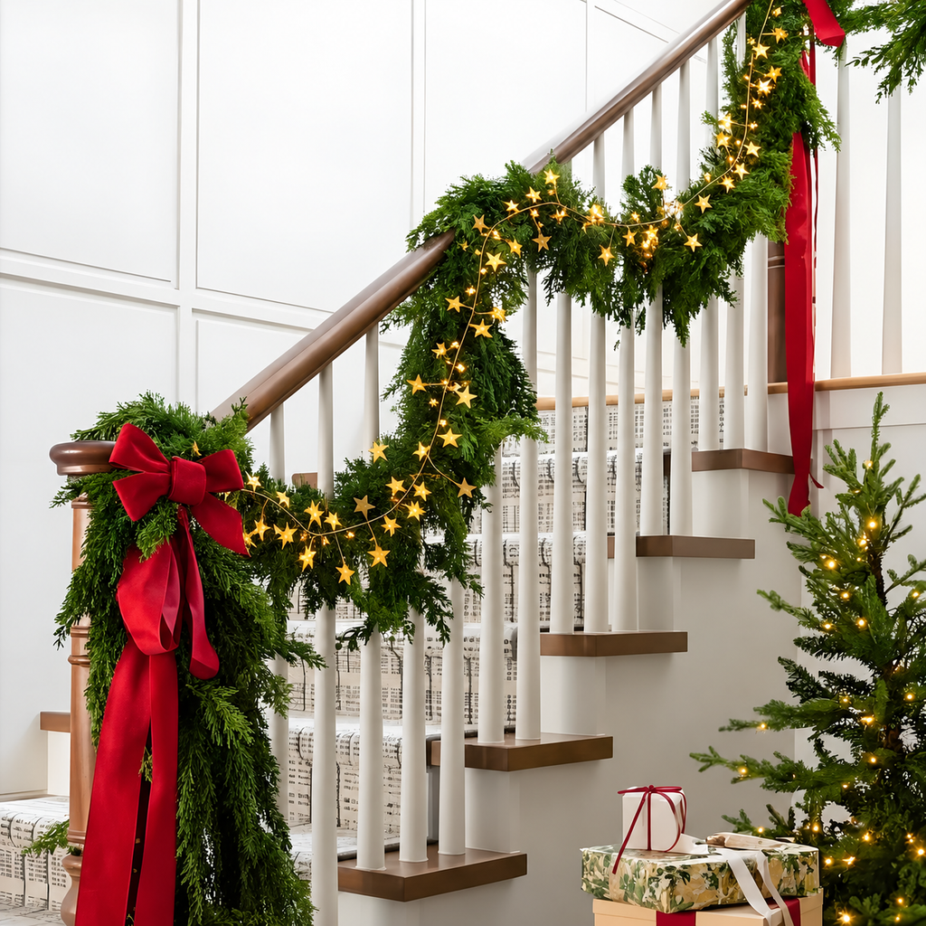 Gold star garland wrapped around seasonal greenery on a stair railing.