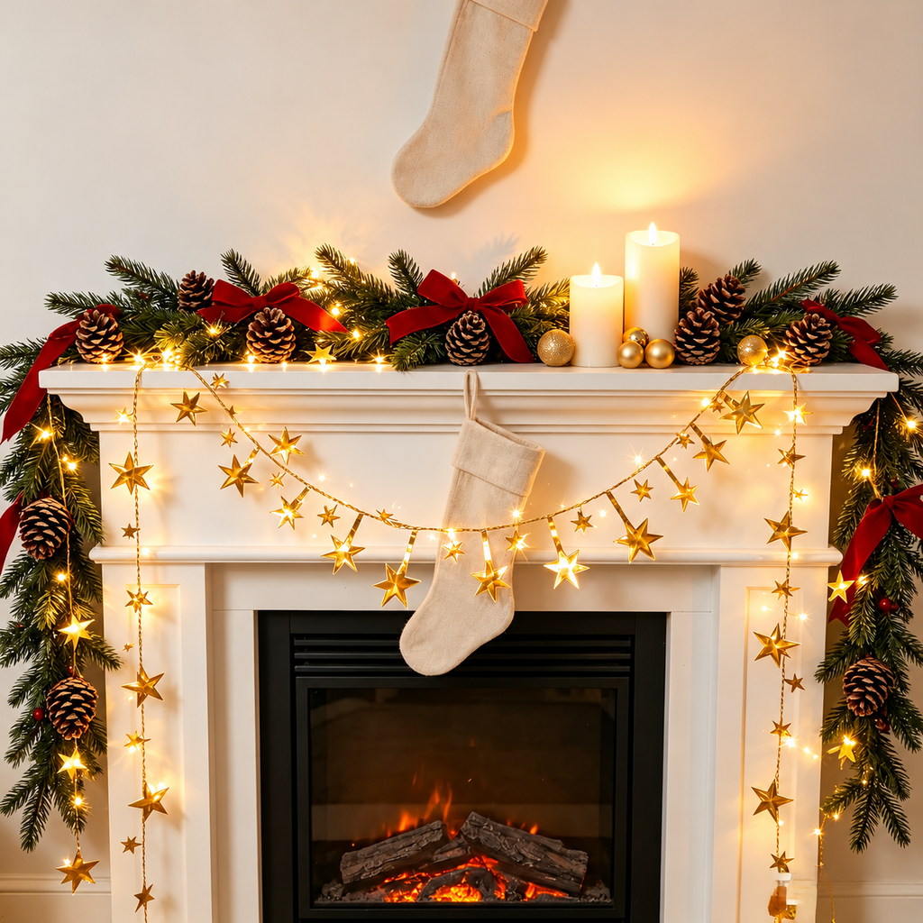 Gold star garland draped across a decorated fireplace.