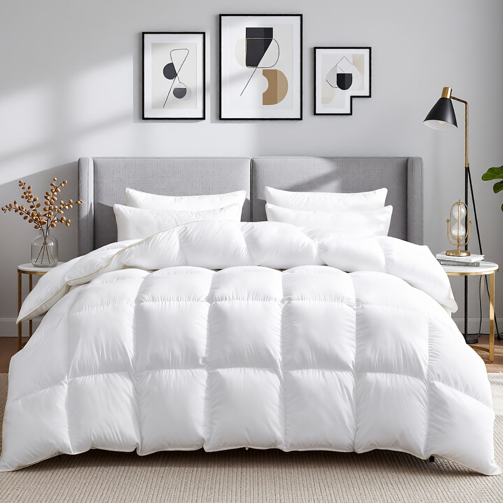 White quilted duvet on a bed in a gray bedroom