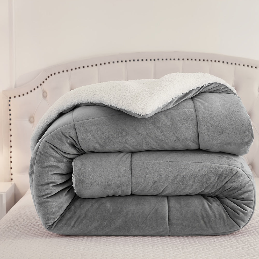 Folded gray plush comforter showing its white fleece underside