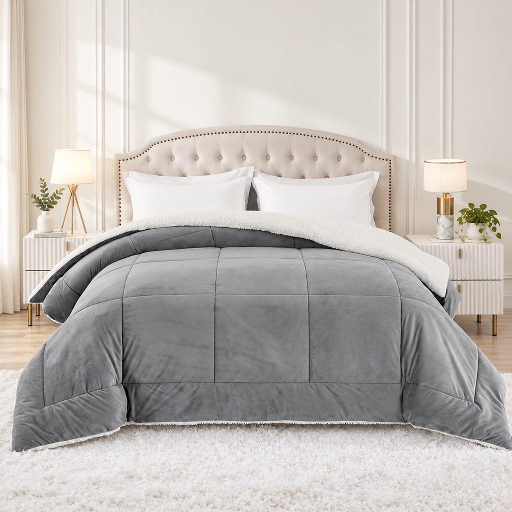 Refreshed gray comforter bedroom photograph