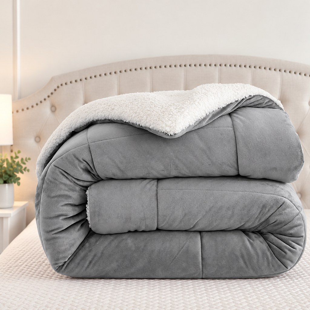 Refreshed folded gray comforter photograph