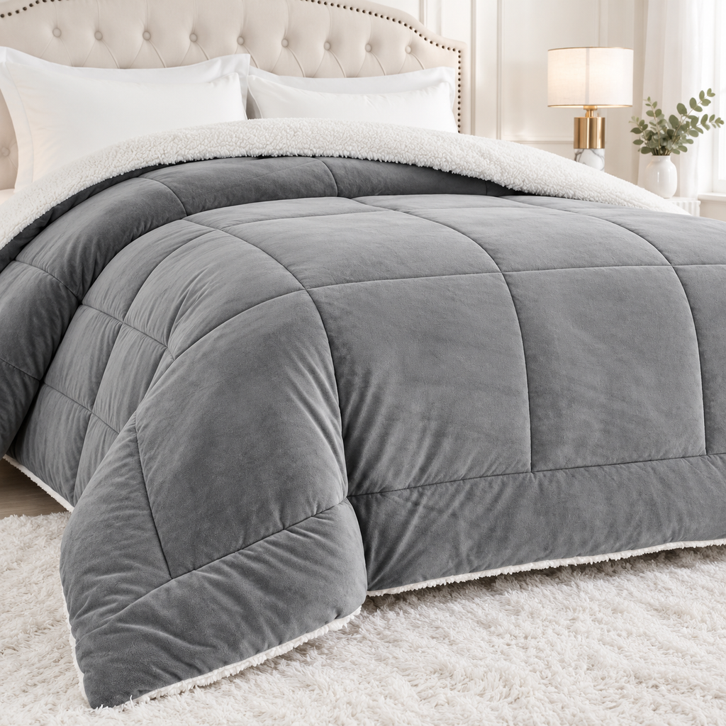 Closer bedroom view of gray box quilted comforter