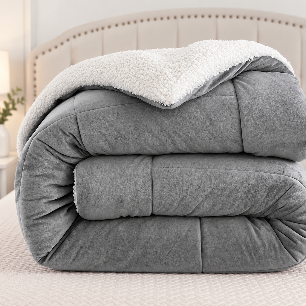 Close-up of folded gray comforter with white fleece reverse