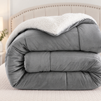 Close-up of folded gray comforter with white fleece reverse