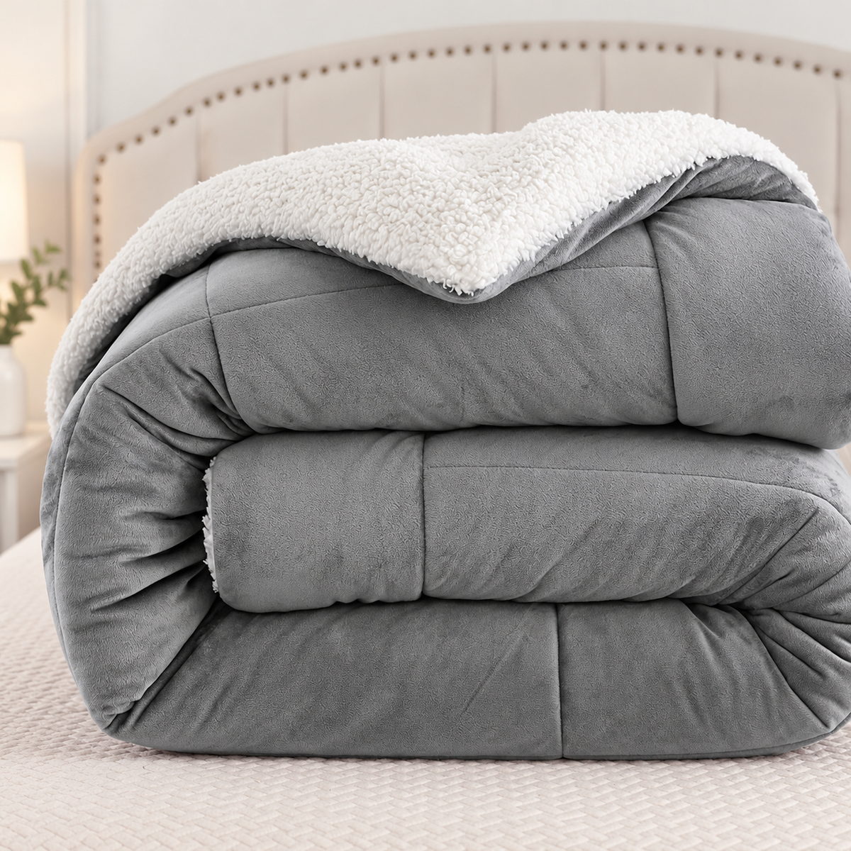 Close-up of folded gray comforter with white fleece reverse