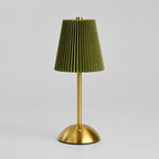 A modern table lamp with a pleated olive green fabric shade and a brushed gold metal base and stem, shown against a neutral light gray background.