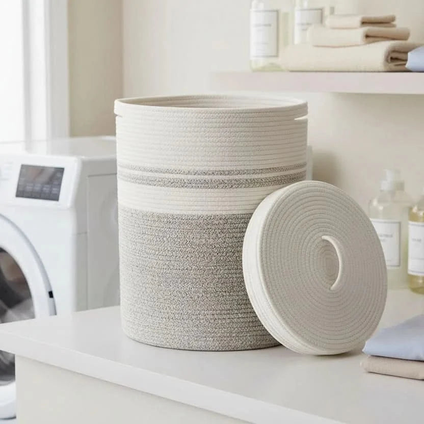 Laundry Basket With Lid - Natural Rope-Look Storage - product image 1