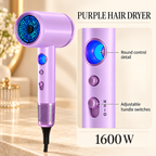 Purple hair dryer with round control detail handle switches and rated power