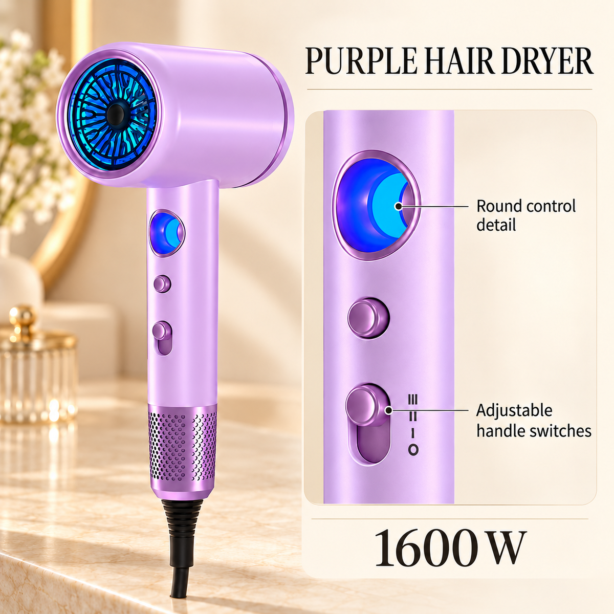 Purple hair dryer with round control detail handle switches and rated power