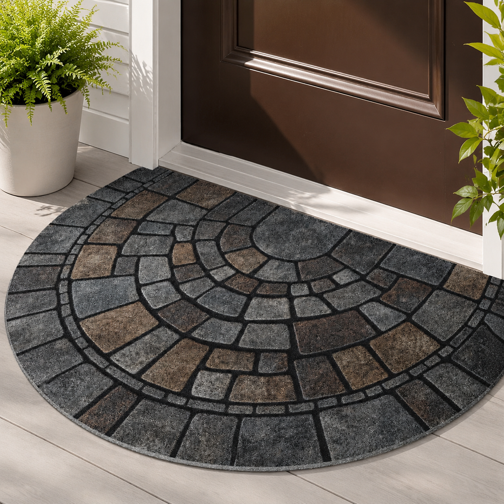 Half circle mosaic door mat placed before a brown entry door.