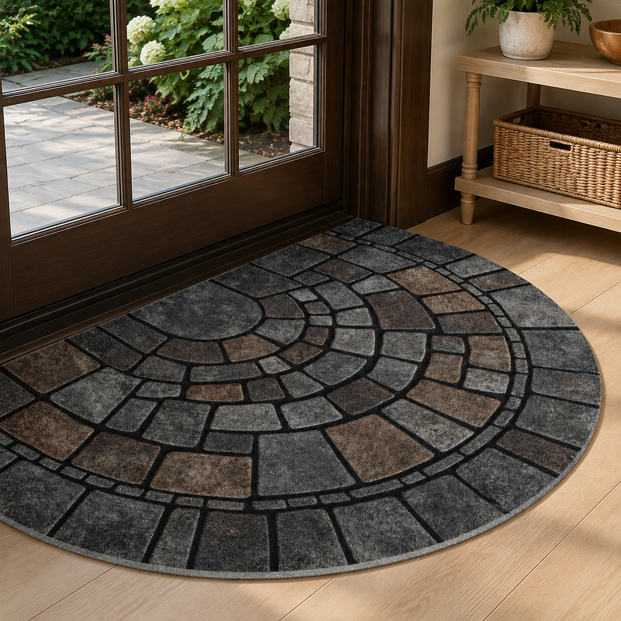 Half circle mosaic door mat displayed beside a glass patio door.