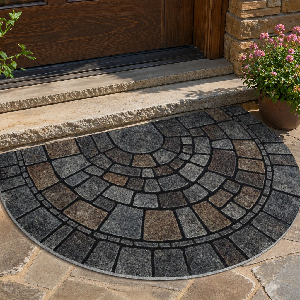 Half circle mosaic door mat shown on a sunlit stone front porch.