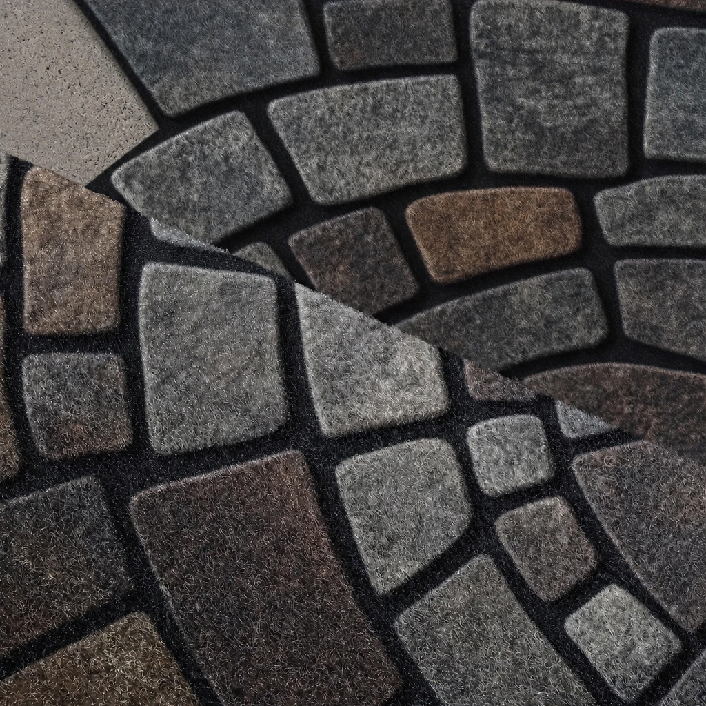 Close view of the textured fibers and stone pattern on a mosaic door mat.