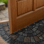 Half circle mosaic door mat fitting beneath an open wood entry door.