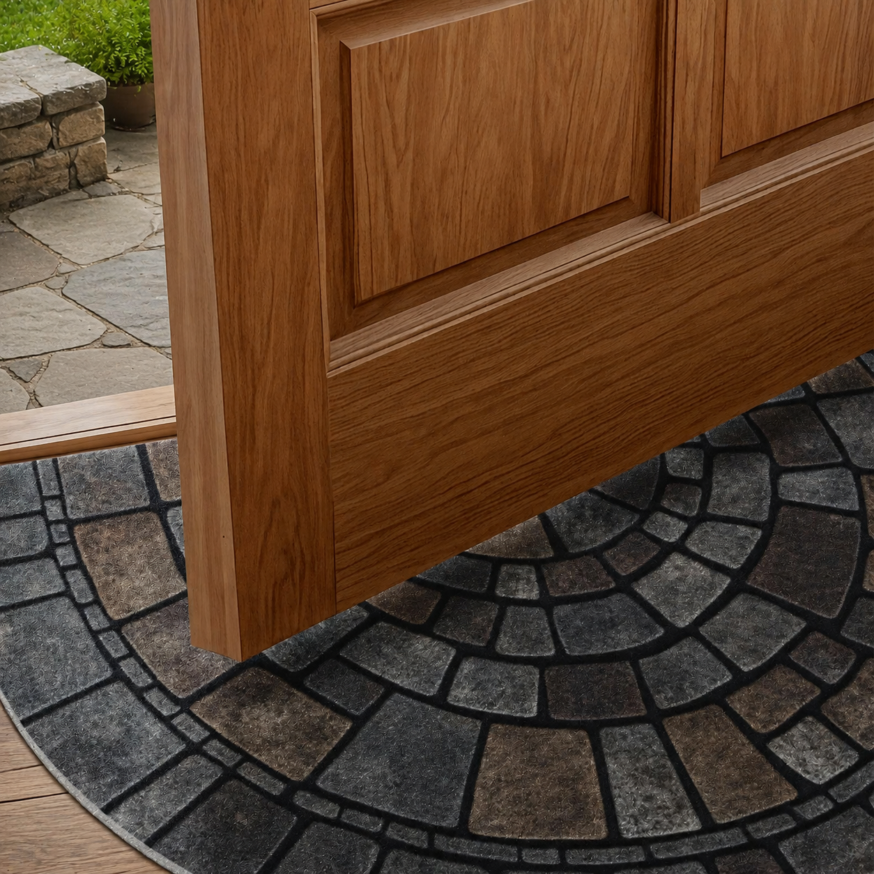 Half circle mosaic door mat fitting beneath an open wood entry door.