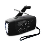 Black hand crank radio with raised crank and antenna