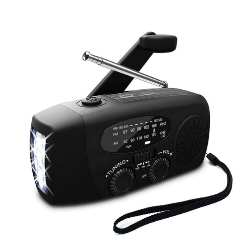 Black hand crank radio with raised crank and antenna