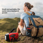 Red hand crank radio pictured beside a hiker wearing a backpack